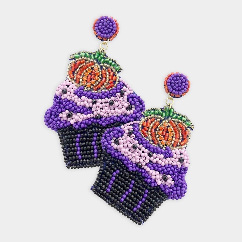 Purple Cupcake Orange Pumpkin Halloween Dangle Earrings Statement Jewelry Muffin